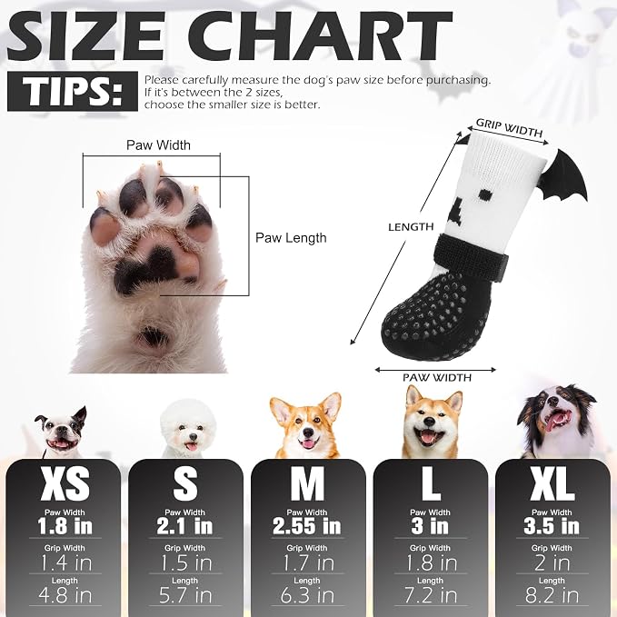 EXPAWLORER Halloween Anti Slip Dog Socks to Prevent Licking Paws, Boots & Paw Protectors with Grippers,Doggie Booties for Hardwood Floors for Small Medium Large Senior Dogs Costume White Ghost Wings L - Image 3