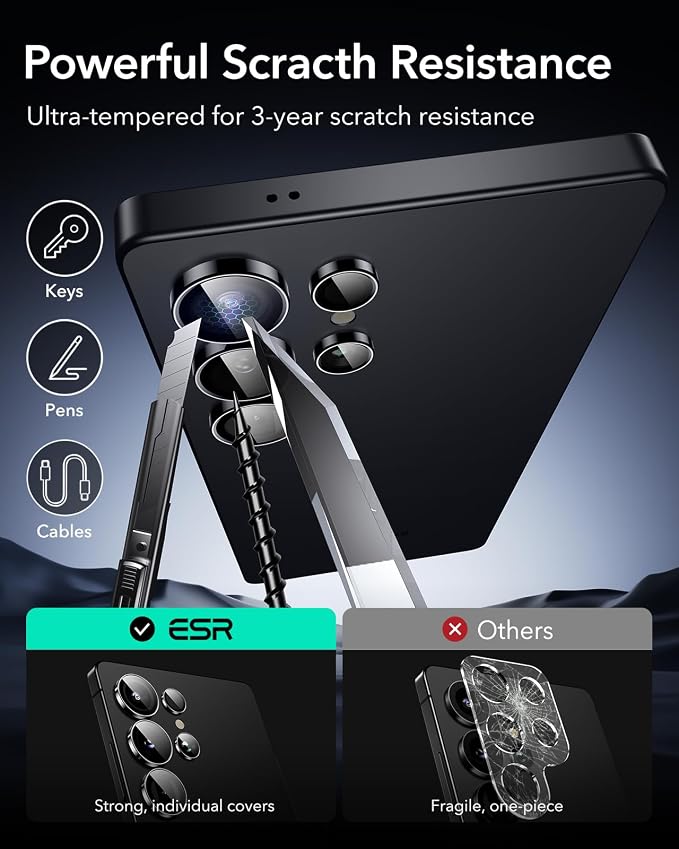 ESR for Samsung Galaxy S25 Ultra Camera Lens Protector, 2 Pack, Black | Individual Camera Cover, 9H Tempered Glass, Original Camera Clarity, Scratch-Resistant, Case Friendly - Image 7