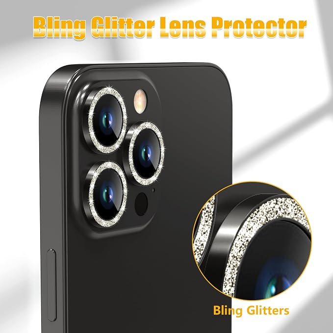 AGVEE 3+3 6 Pack for iPhone 13 Pro & Max Camera Lens Protector Cover | Individual Bling Diamond & Bling Glitter Sparkle Cute Gem Metal Ring, 9H Tempered HD Glass - Image 5