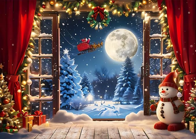 Christmas Backdrop 6x4ft Winter Full Moon Snow Pine Trees Forest Santa Claus Background Snowman Xmas Tree Party Decors Photo Booth Props by XMJJKUF