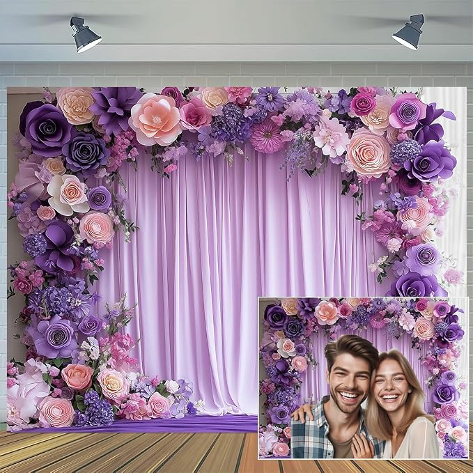 10X8ft Purple Flower Wall Background Photography Lavender Backdrop for Parties Wedding, Girls Birthday Princess Weeding Bridal Shower Purple Floral Anniversary Ceremony Decor. - Image 4
