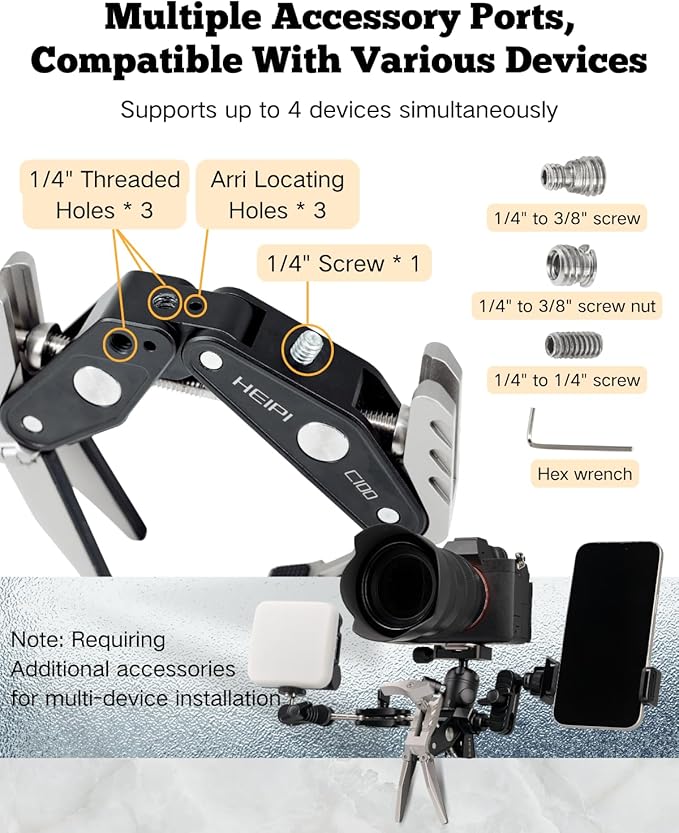 HEIPI C100 Super Clamp, Max Clamping 3.93" with 1/4"-20 & 3/8"-16 Screw | 2-in-1 clamp & stand design. Max clamping 3.93"/10cm.Compatible with phone, action camera, DSLR. Universal tripod accessories - Image 6