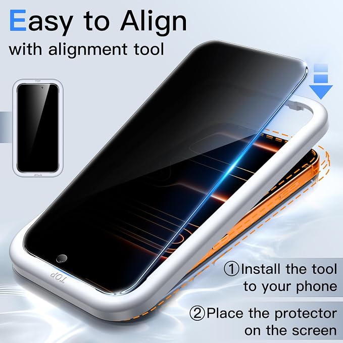 JETech Privacy Screen Protector for iPhone 17 Pro Max, 2+2 Pack | Anti-Spy Tempered Glass, with Camera Lens Protector, Easy Installation Tool - Image 4