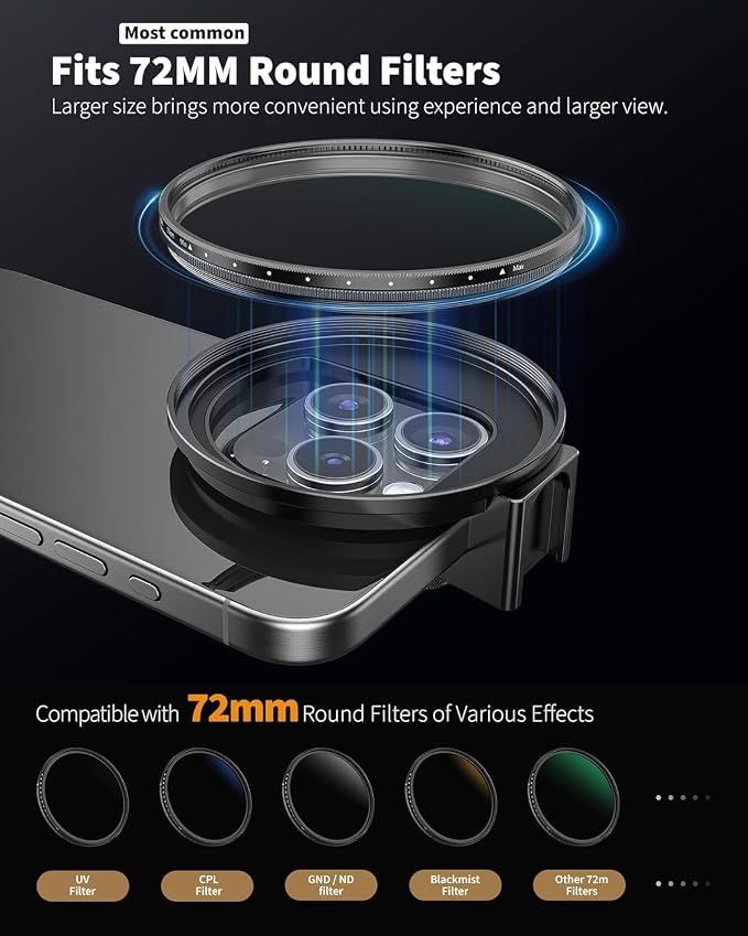 72mm Phone Filter Mount Lens ND Filter Adapter with Cold Shoe Mount, Compatible with 72mm Round Camera Filters, Compatible with iPhone 17 16 15 14 13 12 11 10 Pro Max Plus Samsung Galaxy S24 Ultra - Image 3