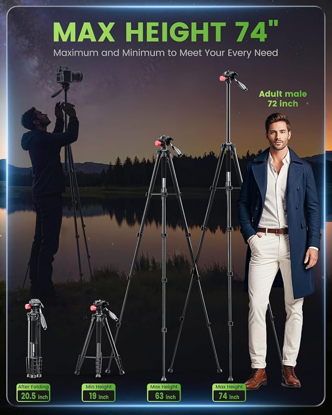 CAMBOFOTO 74"-Camera-Tripod, Porfessional Aluminum Heavy Duty Tripod Stand for Mirrorless Camera/DSLR/Cell Phone/Camcorder, with Holder and Travel Bag | Heavy‐Duty Tripod Stand for DSLR & Mirrorless Cameras/Smartphones/GoPro, with 360° Pan Head/Phone M... - Image 3