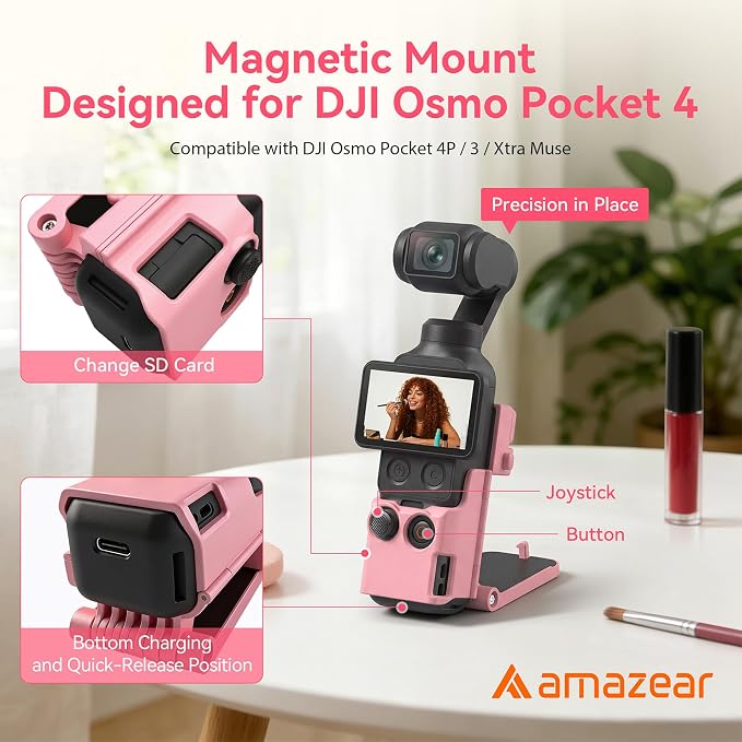 AMAZEAR Magnetic Mount Stand Compatible with DJI Osmo Pocket 4P/4/3/Xtra Muse, Pocket4 Accessories Adapter Clamp Magnet Suction Case Holder on Desktop/Vertical Surface, 180° Adjustable Handle, Pink - Image 2