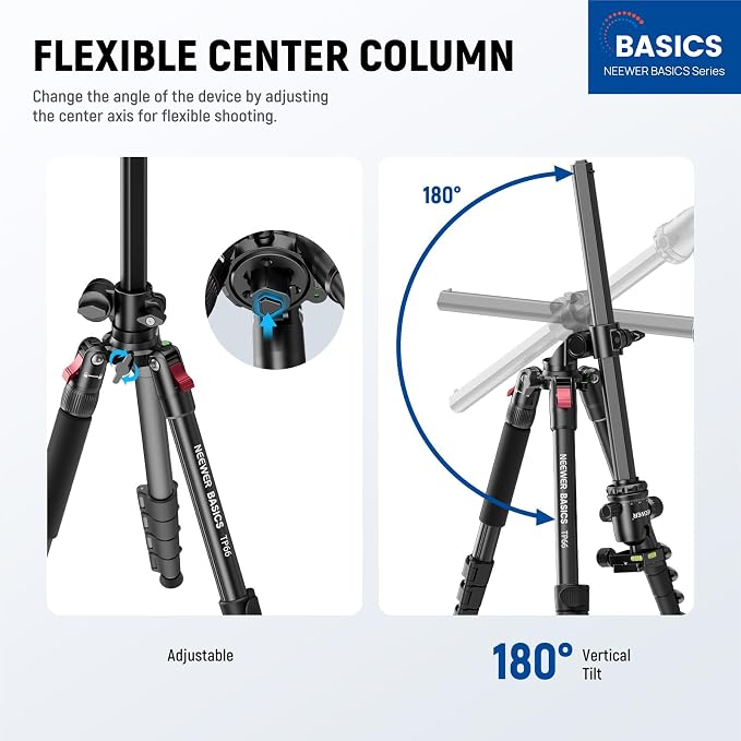 NEEWER Basics 64.5" Horizontal Overhead Tripod Monopod for Dual Camera Aluminum Travel DSLR Camcorder Stand with Cell Phone Holder Compatible with iPhone for Video Recording, 22lb/10kg Load, TP66 - Image 2