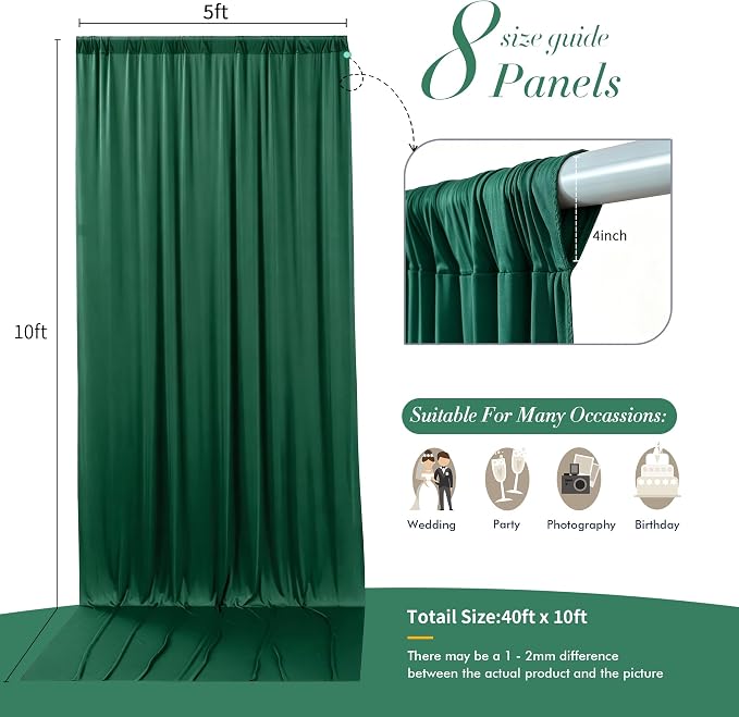 40 ft x 10 ft Wrinkle Free Hunter Green Backdrop Curtain for Parties, Polyester Dark Green Photo Backdrop Drapes 8 Panels 5x10ft for Baby Shower Wedding Birthday Party Photography Curtains - Image 5