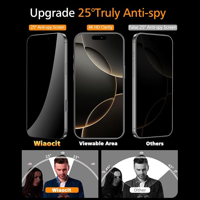 Wiaocit Tempered Glass Privacy Screen Protector for iPhone 16 Pro | 3+3 Pack, 9H Hardness, Camera Lens Protector, Installation Frame, Bubble Free, Case Friendly - Image 2