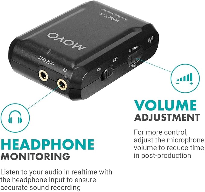 Movo WMX-1 2.4GHz Wireless Lavalier Microphone System Compatible with DSLR Cameras, Camcorders, iPhone, Android Smartphones, and Tablets (200' ft Audio Range) - Image 5