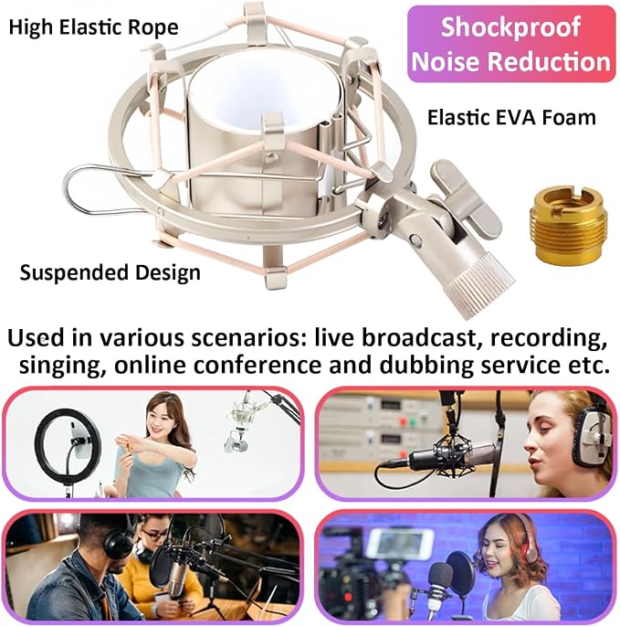 48-53mm Microphone Shock Mount Anti Vibration Mic Suspension Mount Aluminum Alloy Condenser Microphones Holder Clip with Metal Screw Adapter Isolation Absorber Studio Silver - Image 3