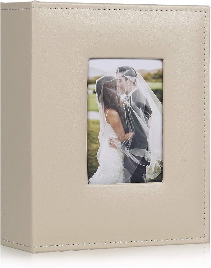 RECUTMS Photo Album 4x6 200 Pockets Leather Cover Wedding Photo Book Beige | Black Page, Horizontal Pockets, Small Albums for Family Anniversary Travel, DIY Cover Window, Baby Photobook, Slip-in Picture by RECUTMS
