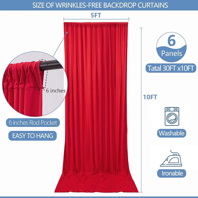 30x10ft Wrinkle Free Red Backdrop Curtain for Parties Soft Fabric Drapes Wedding Red Curtain Backdrop for Birthday Party Decorations Background for Photography 5x10ft, 6 Panels - Image 2