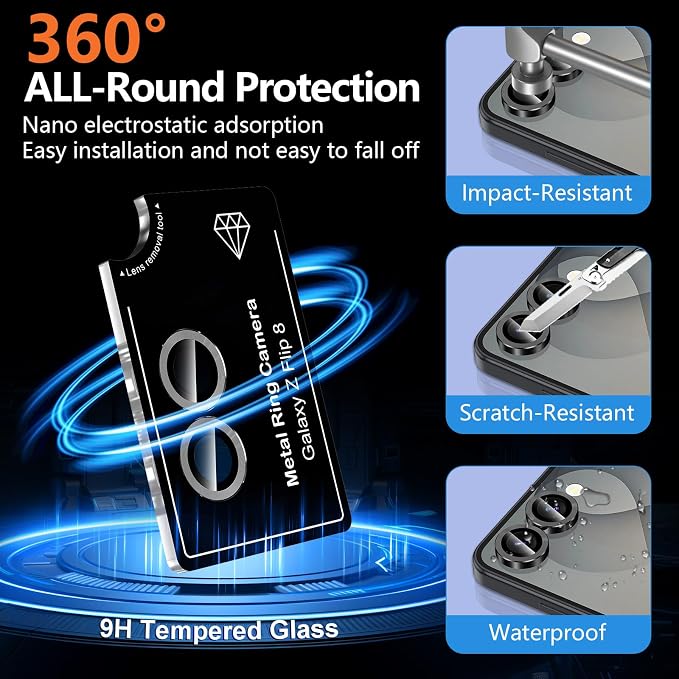 for Samsung Galaxy Z Flip 8 Camera Lens Protector, Individual Metal Ring Tempered Glass Lens Cover, [Strong Adsorption] Scratch Resistant Ultra-Thin HD Clear Lens Cover, 1 Set-Black - Image 2