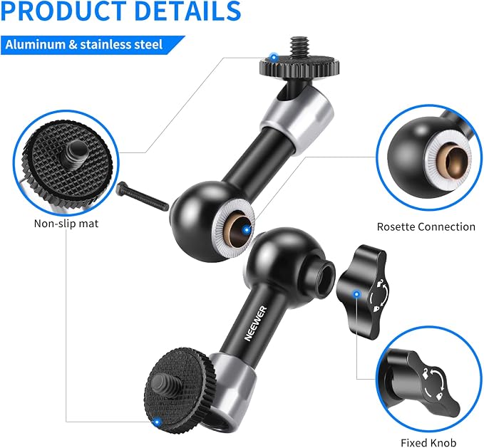 NEEWER 5.9"/15cm Adjustable Friction Magic Arm with 1/4" Screw on Both Ends, Compatible with SmallRig Cage, Flash/LED Light/Microphone/Monitor/SuperClip, Max Load 4.4lb/2kg, ST15 - Image 4