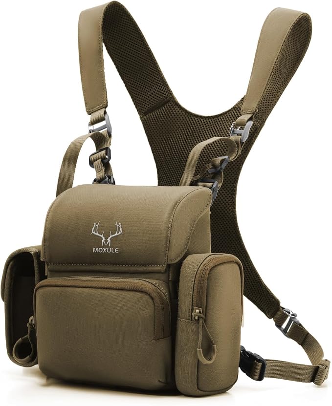 MOXULE Binocular Harness Chest Pack: Bino Case with Rangefinder Pocket | Silent magnetic lid, one-handed access, removable pouches, rain cover, MOLLE webbing for hunting hiking bird watching by MOXULE