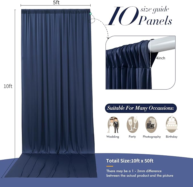 50 ft x 10 ft Wrinkle Free Navy Blue Backdrop Curtain for Parties,Polyester Photo Backdrop Drapes, Thick Background 10 Panels 5ft x 10ft for Baby Shower Wedding Birthday Party Backdrop Stand - Image 5