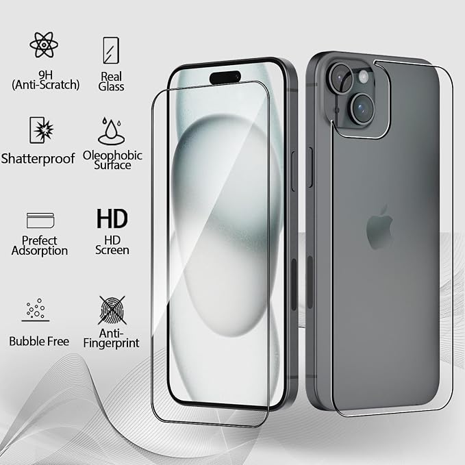Front and Back Protector for iPhone 15 + Camera Lens Protector | (2+2+2) 9H Hardness, Easy to Install with Alignment Tool,Case Friendly - Image 2