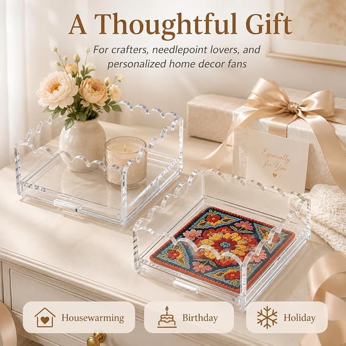 2 Pack Scalloped Acrylic Trays with Insert Drawer, 4" x 4" and 5" x 5" | Clear Display Trays for Needlepoint Inserts, Photos, Art, Fabric, Jewelry Organizer, Vanity and Home Office Desk Decor Gift - Image 7