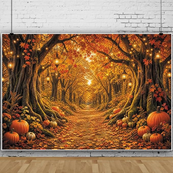 Fall Forest Photo Backdrop 12x8ft Autumn Garden Backdrop for Photography Fall Pumpkin Maple Wonderland Floral Background for Photoshoot Thanksgiving Birthday Photo Booth Props Vinyl by Leowefowa