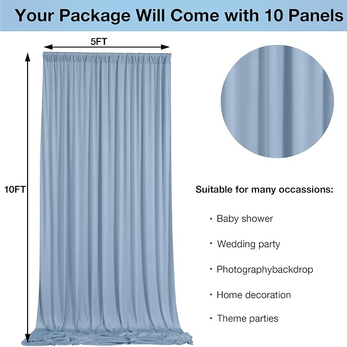50ftx10ft Wrinkle Free Dusty Blue Backdrop Curtains for Parties, Silky Polyester Photo Backdrop Drapes 10 Panels 5x10ft Back Drop Cloth for Wedding Birthday Baby Shower Photography Background - Image 3