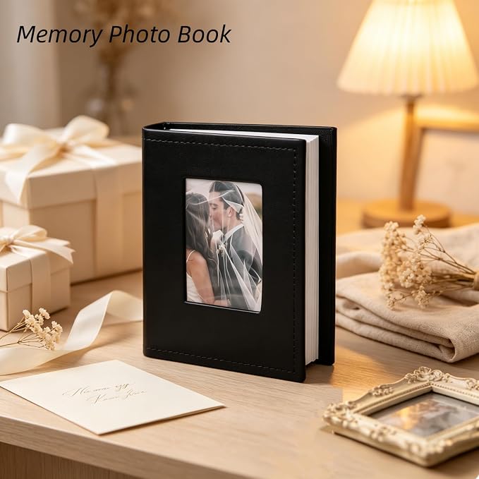 RECUTMS 100 Photo Album for 4x6 Small Leather Photo Book for Family Black | White Inner Page, 100 Vertical Pockets, Small Photo Albums for Anniversary, Wedding, Graduation Photobook, DIY Cover Window - Image 8
