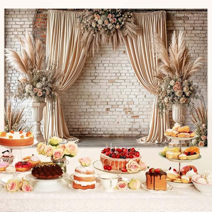 12X10ft Boho Floral Wedding Backdrop Vintage Flowers Brick Wall Background Photography Backdrops for Parties Wedding, Girls Birthday Princess Weeding Bridal Shower Floral Anniversary Ceremony Decor - Image 4