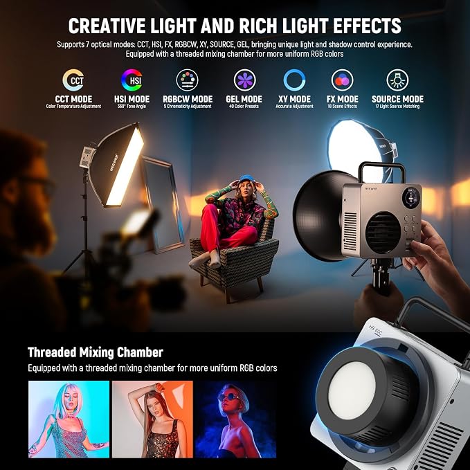 NEEWER 80W RGBWW LED Video Light with 72Wh Battery, 100W PD Fast Charger, APP/2.4G Control, 10400lux/m 2500K-7500K, Mini RGB Bowens Mount Studio Photography Recording Continuous Output Lighting, HB80C - Image 3