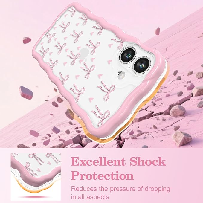 QLTYPRI for iPhone 16 Pink Bow Case, Clear Cute Pink Ribbon Bow Phone Case Curly Wavy Aesthetic Phone Cover, Soft Slim Transparent TPU Shockproof Protective Cover for Women Girls - Love Bow - Image 4