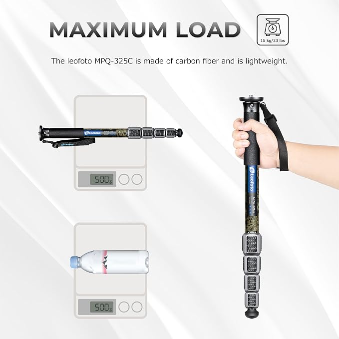 LEOFOTO Camera Monopod Carbon Fiber Portable Compact Lightweight Travel Monopod with Wrist Strap, Silicone Handle, Twist Locks, 5-Section up to 165cm, Max Load 15kg，Camo(MPQ-325C) - Image 5