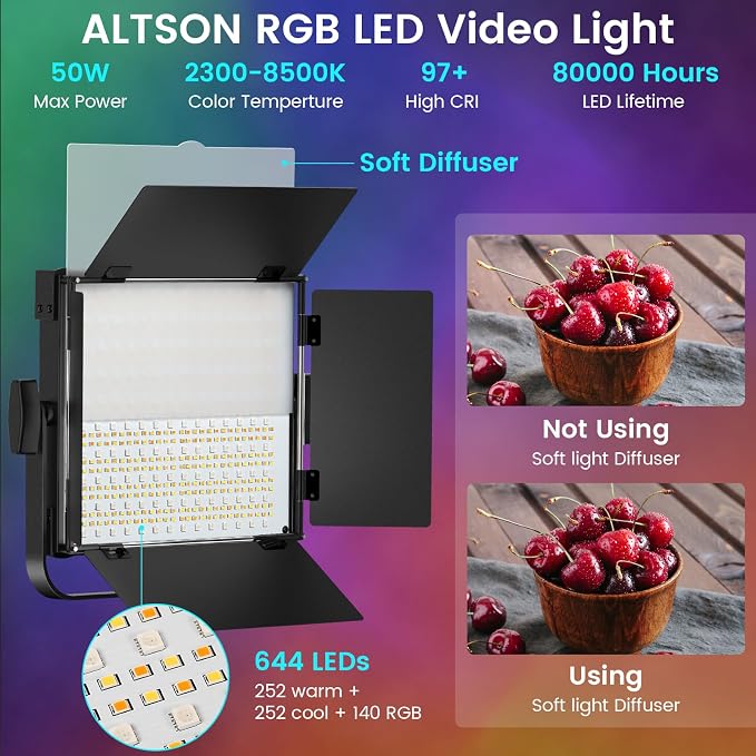 2-Pack RGB Photography Lighting Kit, 50W Bi-Color Professional LED Studio Lights, 2300k~8500k Dimmable Photo Lights for Photography Filming Camera Video Recording Stage Shooting Streaming TikTok - Image 2