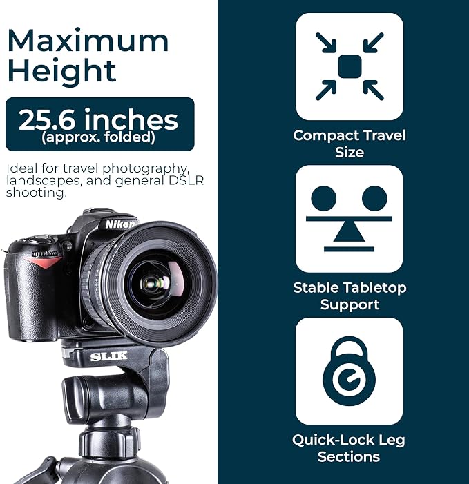 SLIK U8800 Aluminum Tripod Kit w/Inegrated Multi-Action Pan Head 67" Tall (612-051) - Folds Down to 25.6", Weighs 3.4lbs, Supports 9.9lbs, Crank Control Center Column, Great for Photos and Video | 75-inch aluminum tripod with fluid pan head and quick r... - Image 3
