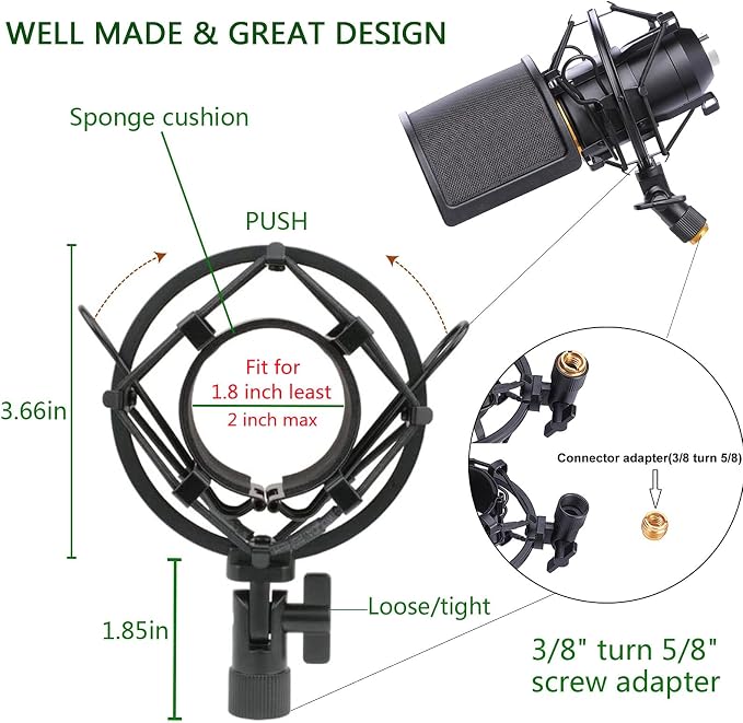 Microphone Shock Mount with Pop Filter, Mic Anti-Vibration Suspension Shock Mount Holder Clip for Diameter 46mm-51mm Microphone - Image 2