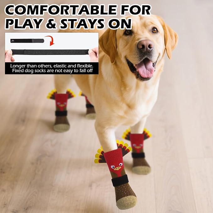 EXPAWLORER Thanksgiving Anti Slip Dog Socks to Prevent Licking Paws,Boots & Paw Protectors with Grippers,Doggie Booties for Hardwood Floors for Small Medium Large Senior Dogs Lifelike Costume Turkey M - Image 7