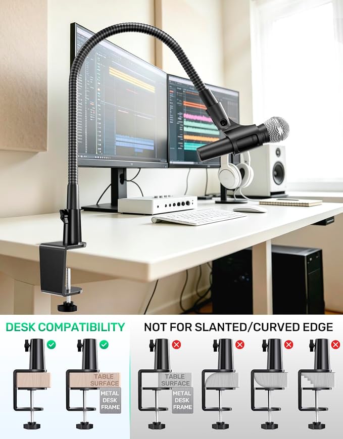 19" Flexible Gooseneck Mic Stand with Desk Clamp【Heavy Duty】, Dual Holder | Upgraded Desk Clamp, 2 Mic Holders, 1/4" and 3/8" Adapters, Ideal for Gaming, Live Streaming, Podcast, Conference, and Podium - Image 6