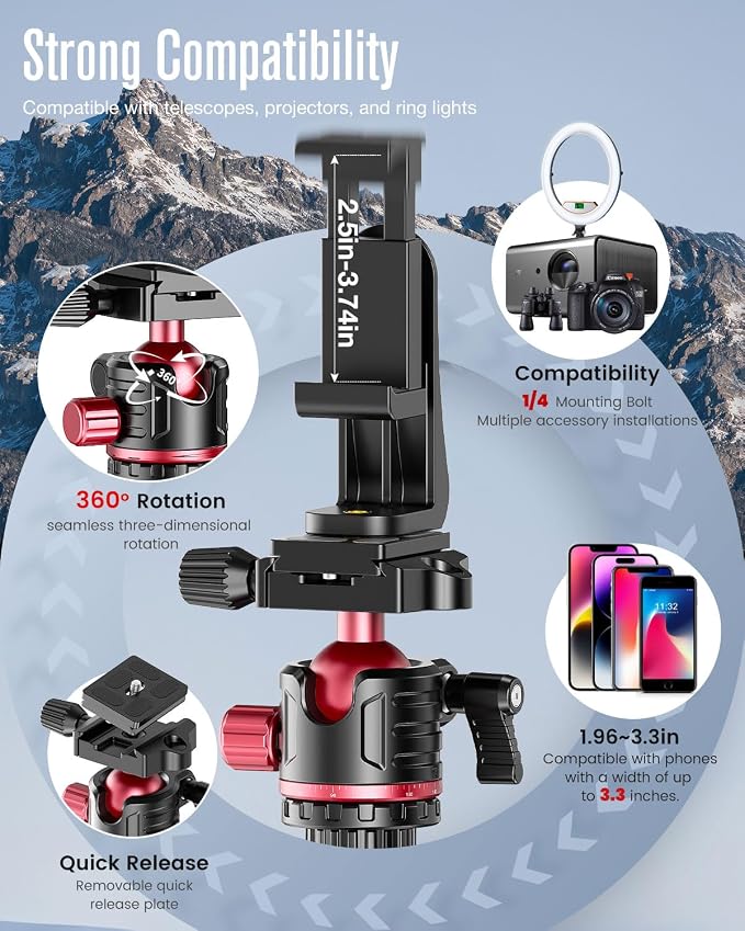 CAMBOFOTO 74" Professional Camera Tripod & Monopod with Carry Bag | Ball Head Aluminum Photography DSLR Tripod, Compatible with Binoculars Laser Telescope (Weight 3 Lbs, 13Lbs Load) - Image 5