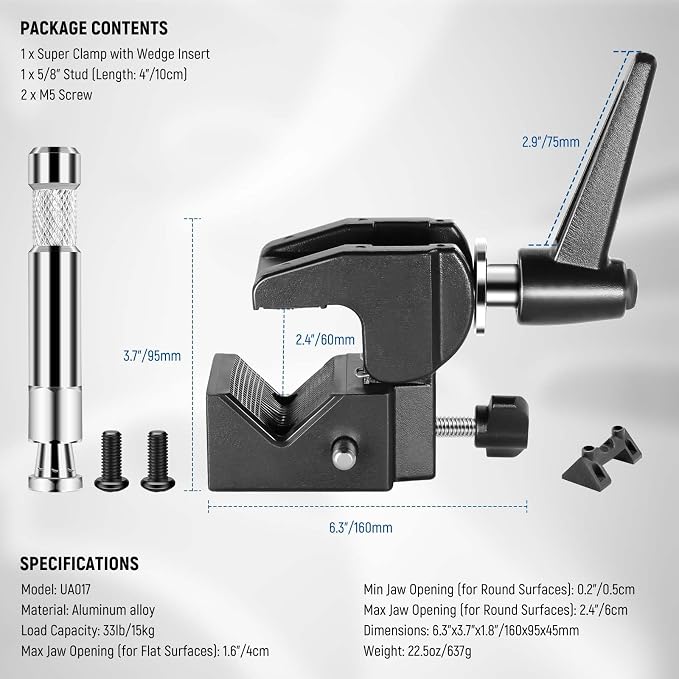 NEEWER Super Clamp with 5/8" Stud, Spring Lock, 2.4"/6cm Jaw Grip Heavy Duty Crab Pole Clamp for Round Pipe Flat Surface, for Photography Studio Camera & Lighting Mounting, Max Load 33lb/15kg, UA017 | Heavy Duty Crab Pole Clamp, for Round Pipe Flat Sur... - Image 9