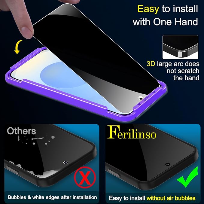 Ferilinso Privacy Screen Protector for Samsung Galaxy S25, Tempered Glass | 3 Pack, 9H+ Hardness, Military-Grade Shatterproof, Case Friendly, Easy Installation Bubble Free, with Camera Lens Protectors - Image 5
