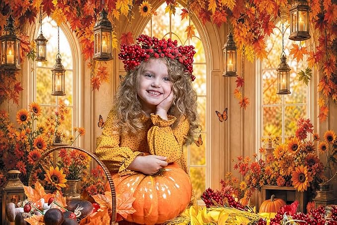 Fall Butterfly Floral Backdrop for Photography 8x8ft Autumn Window Pumpkin Maple Flowers Backdrop Thanksgiving Theme Background Birthday Party Decorations Photo Booth Props Vinyl - Image 5