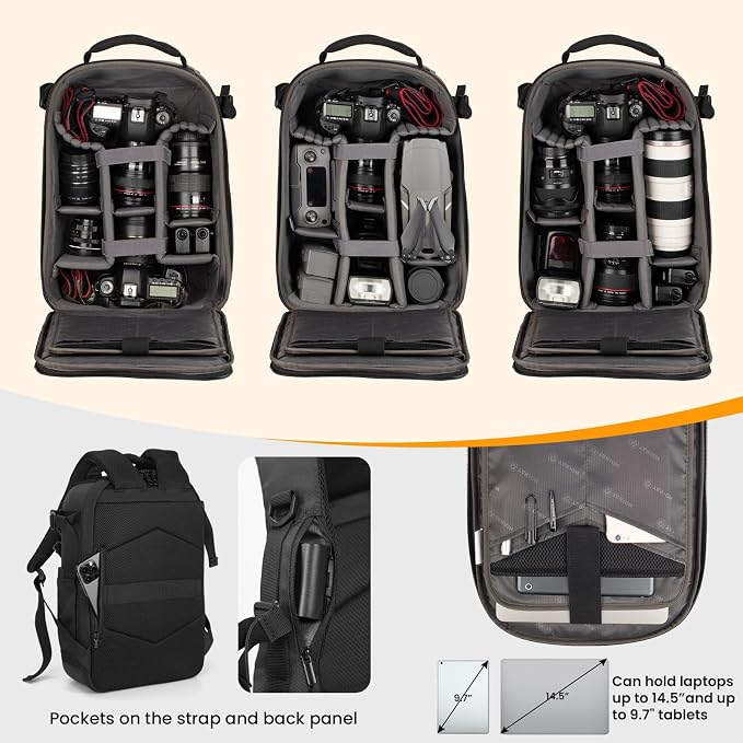 TARION Hard Shell Camera Backpack Bag for Photographers Compact 13L TRH | 3-Side Hard Case, 14.5" Laptop Compartment, External Load, Waterproof Raincover, for DSLR SLR Mirrorless Camera Drone - Image 4