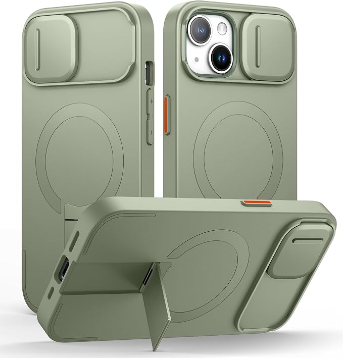 SURITCH for iPhone 15 Case with Magnetic Camera Slide Cover and Adjustable Kickstand, Compatible with MagSafe, Shockproof Bumper Case Slim Protective Cover 6.1 Inch, Green by SURITCH