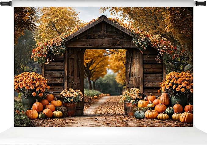 Kate Fall Backdrop Thanksgiving Backdrops for Photography Fall Maple Leaves Pumpkin Barn Door Backgrounds, 7x5ft - Image 2