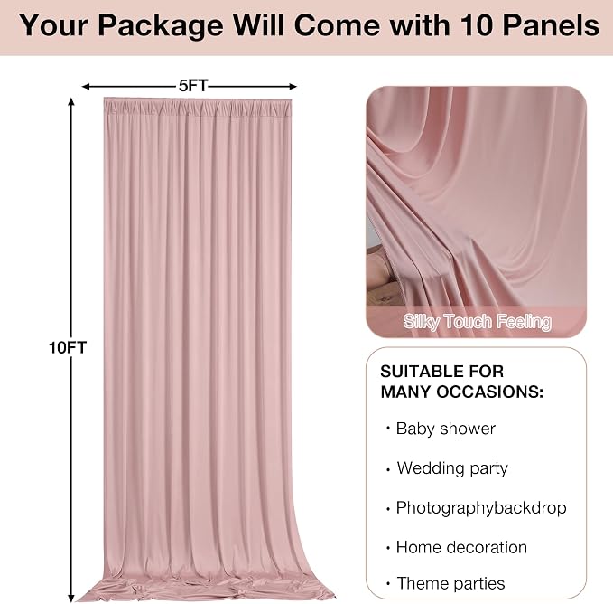 50ftx10ft Wrinkle Free Dusty Pink Backdrop Curtains for Parties, Silky Polyester Photo Backdrop Drapes 10 Panels 5x10ft Back Drop Cloth for Wedding Birthday Baby Shower Photography Background - Image 5