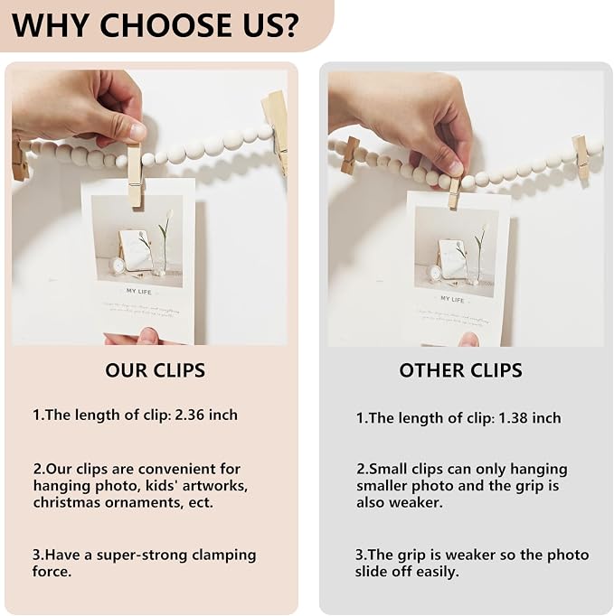 KLOGTSIND Hanging Photo Display, Boho Wood Bead Garland Wall Decor | Photo Banner with 9 Wooden Clips for Bedroom, Living Room, Office, Dorm Decor, Pictures Postcards Holder Teen Girl Gifts - Image 3