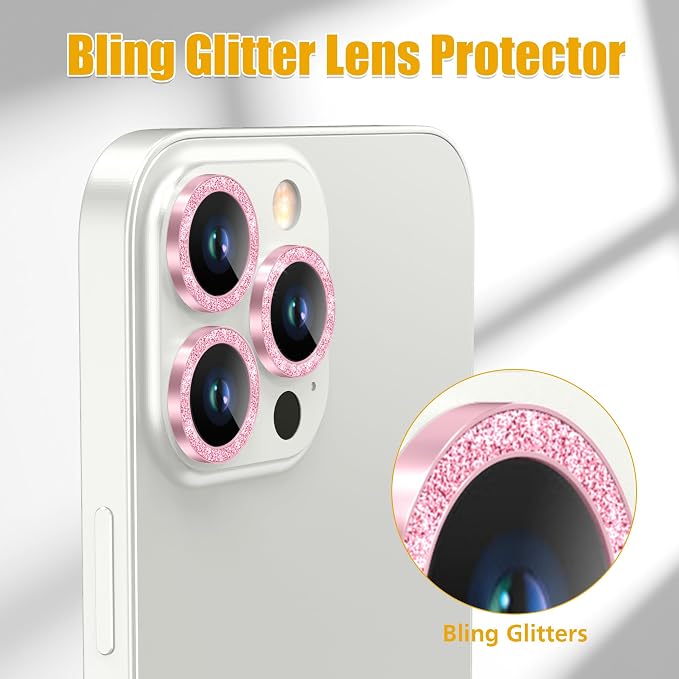 AGVEE 3+3 6 Pack for iPhone 13 Pro & Max Camera Lens Protector Cover | Individual Bling Diamond & Bling Glitter Sparkle Cute Gem Metal Ring, 9H Tempered HD Glass - Image 5