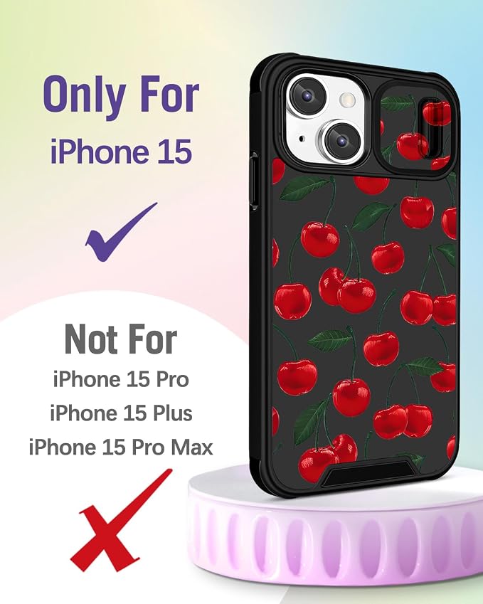 Buleens for iPhone 15 Case 6.1 Inch - with Ring Stand & Camera Cover Aesthetic Cute Designed for Women Girls Girly Kawaii Cherry for Phone Case for iPhone 15 Compatible with Magsafe - Image 2