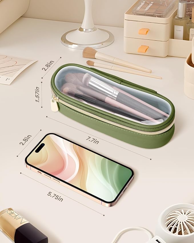 Soimeat Clear Travel Makeup Brush Holder, Leather Makeup Brush Toiletry Bag, Portable Cosmetic Brush Case, Transparent Waterproof Makeup Brush Storage Bag, Green - Image 3