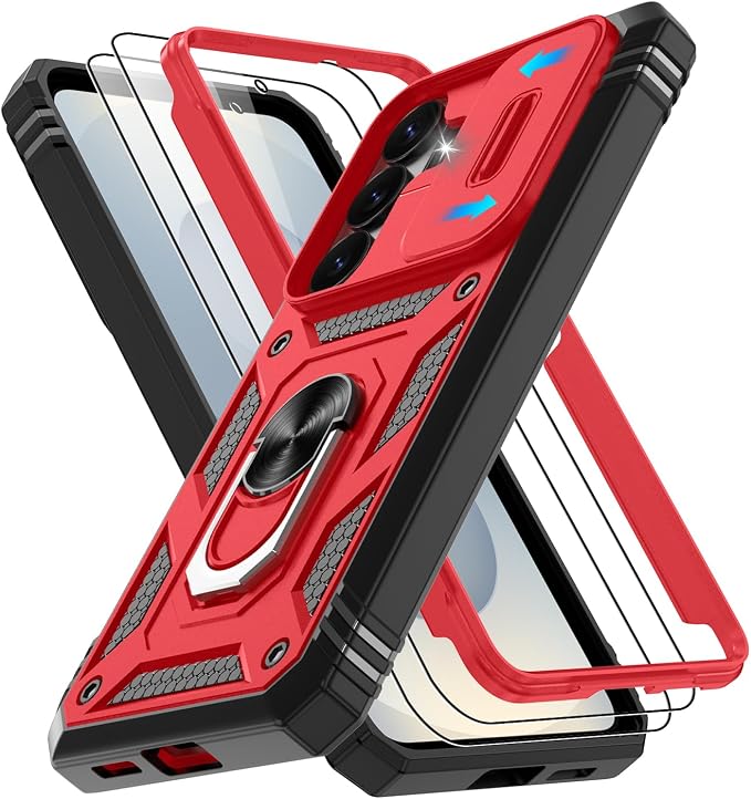 Gritup for Samsung Galaxy S26 Case with Slide Camera Cover | 2*Screen Protector, Build in 360° Rotating Ring Kickstand, Military Grade Protective Cover for Samsung S 26, Red+Black by Gritup