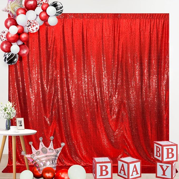 SquarePie 7x7ft Red Sequin Backdrop, High Density Non-Transparent Glitter Curtain for Photography, Birthday, Wedding Party Decorations, Thick Solid Background with 4" Rod Pocket, 1 Panel - Image 6