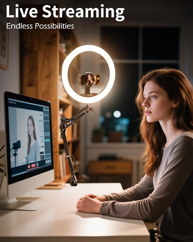UBeesize 12’’ Overhead Ring Light for Desk with Phone Mount, LED Selfie Light with Adjustable Arm & Clamp, Dimmable Lighting for Video Recording, Zoom, Live Streaming, TikTok, YouTube - Image 3